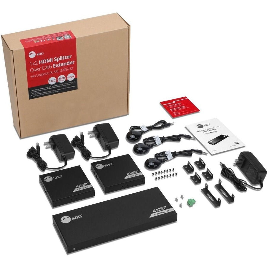 SIIG 1x2 4K60Hz HDMI Splitter Over Cat6 Extender with Loopout/IR/ARC & RS-232 - Up to 230ft (70m) - Near Zero Latency — CE-H27911-S1