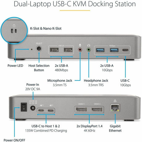 StarTech.com Dual-Laptop USB-C KVM Docking Station, Dual Monitor 4K 60Hz DisplayPort KVM Dock, 5x USB Hub, GbE, 90W/45W PD, Windows/Mac — 129N-USBC-KVM-DOCK