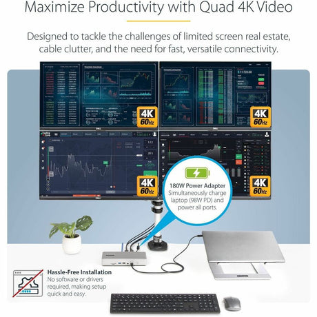 StarTech.com Thunderbolt 4 Multi-Display Docking Station, Quad/Triple/Dual Monitor Dock, 2x HDMI/2x DP, 7x USB Hub, 2.5Gb Ethernet, 98W PD — 132N-TB4USB4DOCK