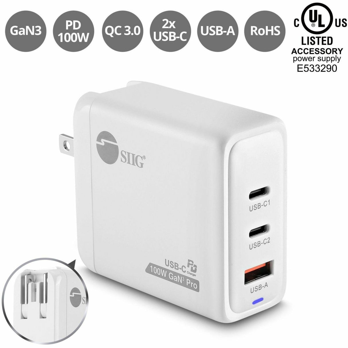 SIIG 100W GaN PD Combo Charger - 2C1A — AC-PW1Z11-S1