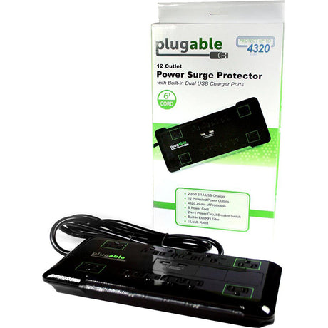 Plugable 12 Outlet Power Strip 4320 Joules Surge Protection, Built-in 10.5W 2-Port USB Charger for Android and Apple Phones, Mobile Devices, 6 Foot Cord — PS12-USB2B