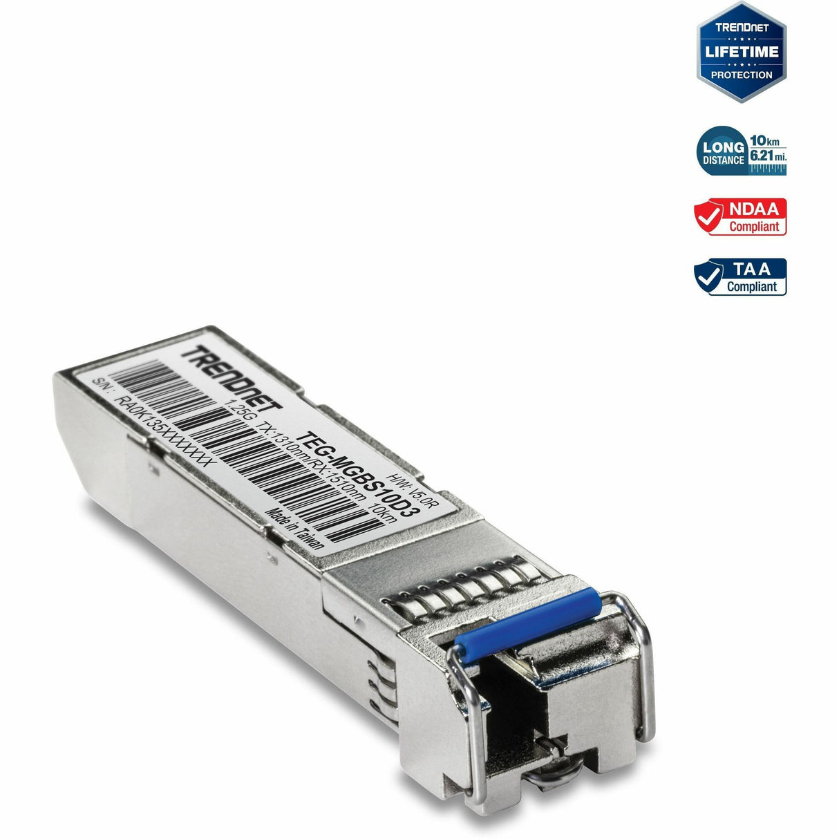 TRENDnet SFP to RJ45 Dual Wavelength Single-Mode LC Module; TEG-MGBS10D3; Must Pair with TEG-MGBS10D5 or a Compatible Module; Up to 10 km (6.2 Miles); Compatible with Standard SFP; Lifetime Protection — TEG-MGBS10D3