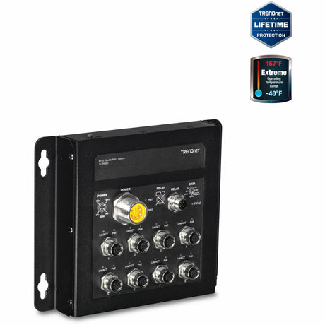 TRENDnet 8-Port Industrial EN50155 M12 Gigabit PoE+ Railway Switch; PoE Power Budget 200W@48Vdc; 100W@24Vdc; M23 Power Interface; Lifetime Protection; TI-TPG80