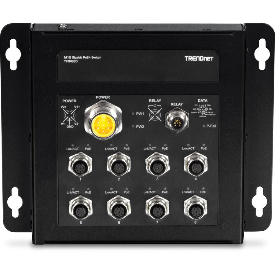 TRENDnet 8-Port Industrial EN50155 M12 Gigabit PoE+ Railway Switch; PoE Power Budget 200W@48Vdc; 100W@24Vdc; M23 Power Interface; Lifetime Protection; TI-TPG80