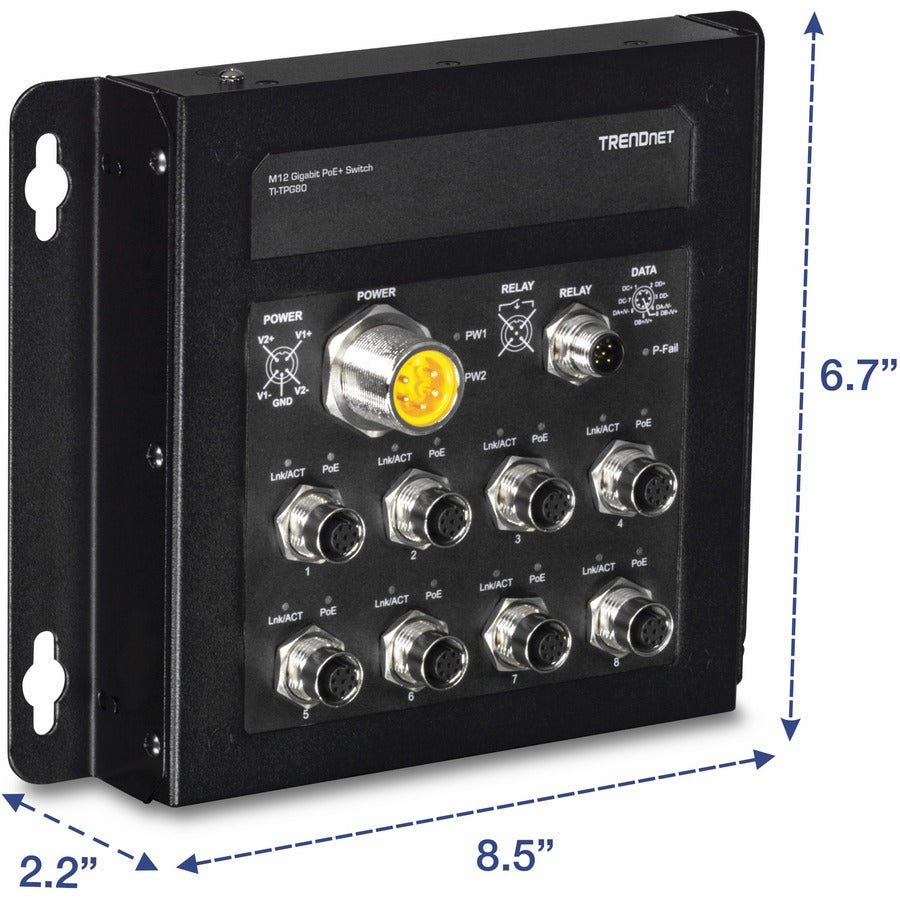 TRENDnet 8-Port Industrial EN50155 M12 Gigabit PoE+ Railway Switch; PoE Power Budget 200W@48Vdc; 100W@24Vdc; M23 Power Interface; Lifetime Protection; TI-TPG80