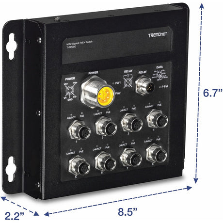 TRENDnet 8-Port Industrial EN50155 M12 Gigabit PoE+ Railway Switch; PoE Power Budget 200W@48Vdc; 100W@24Vdc; M23 Power Interface; Lifetime Protection; TI-TPG80