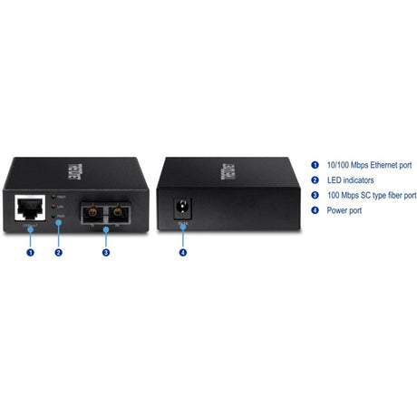 TRENDnet 100 Base-T to 100 Base-FX Multi-Mode SC Fiber Converter; Standalone; 10/100 Mbps Auto-MDIX Fast Ethernet Port; Fiber Networking up to 2 km (1.25miles); 200 Mbps Switching Capacity; TFC-FMSC