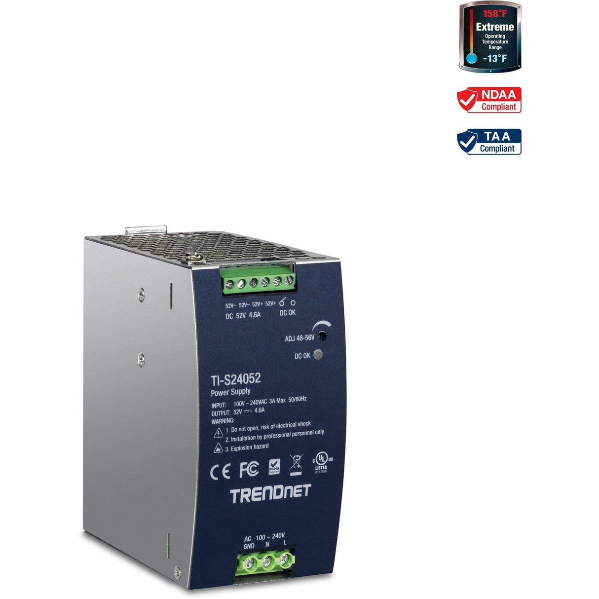 TRENDnet 240W, 52V DC, 4.61A AC to DC DIN-Rail Power Supply, TI-S24052, Industrial Power Supply with Built-In Power Factor Controller Function, Silver — TI-S24052
