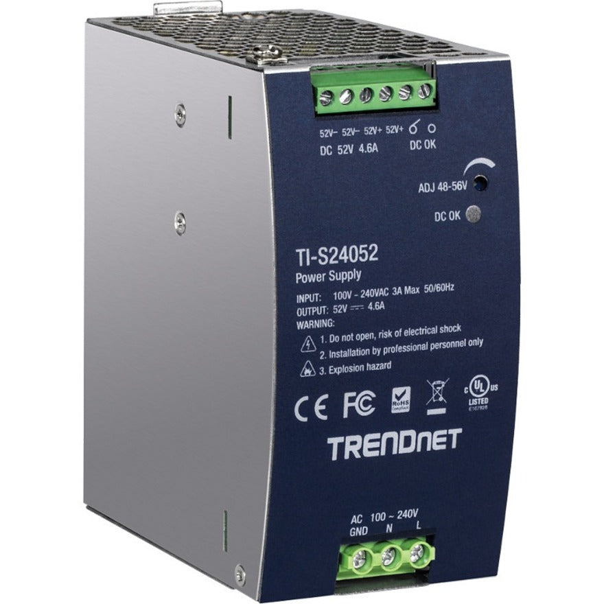 TRENDnet 240W, 52V DC, 4.61A AC to DC DIN-Rail Power Supply, TI-S24052, Industrial Power Supply with Built-In Power Factor Controller Function, Silver — TI-S24052