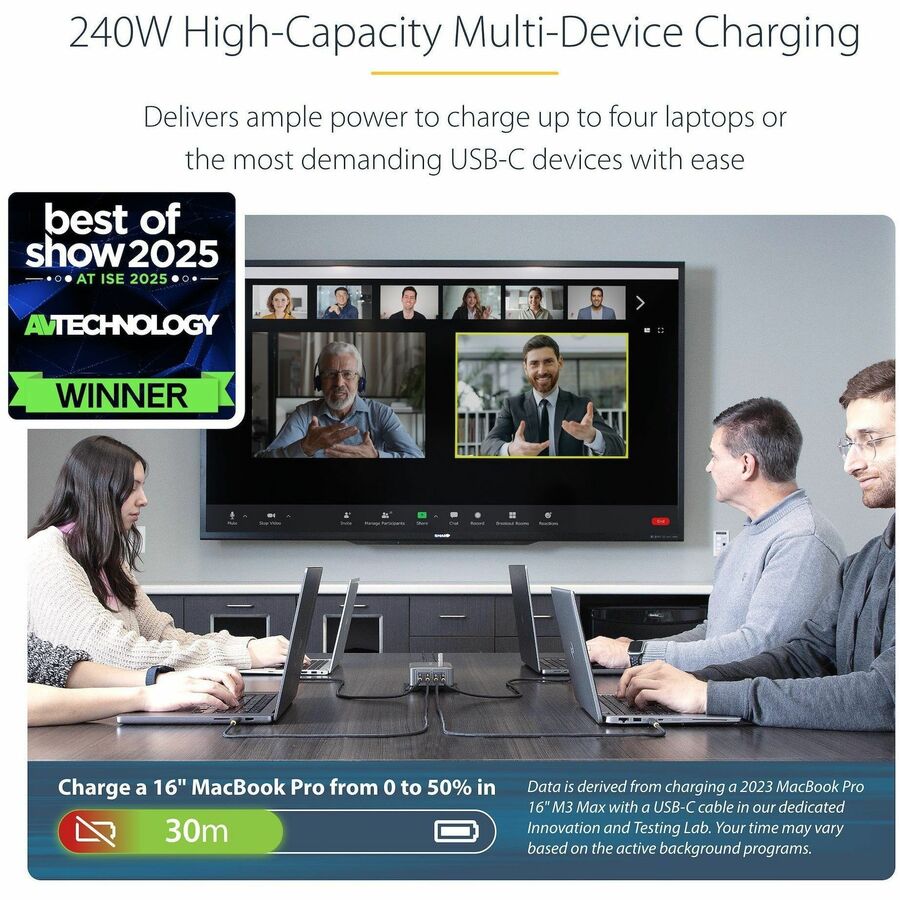 StarTech.com 4-Port Multi-Device USB-C Charger, 240W Total, Single Port 140W EPR, Screw Locking Ports, Ideal for Boardrooms — 424DNA-USB-C-CHARGER