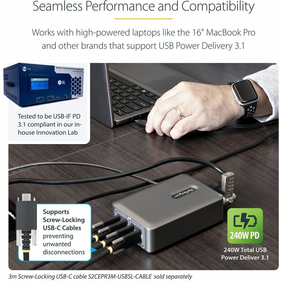 StarTech.com 4-Port Multi-Device USB-C Charger, 240W Total, Single Port 140W EPR, Screw Locking Ports, Ideal for Boardrooms — 424DNA-USB-C-CHARGER