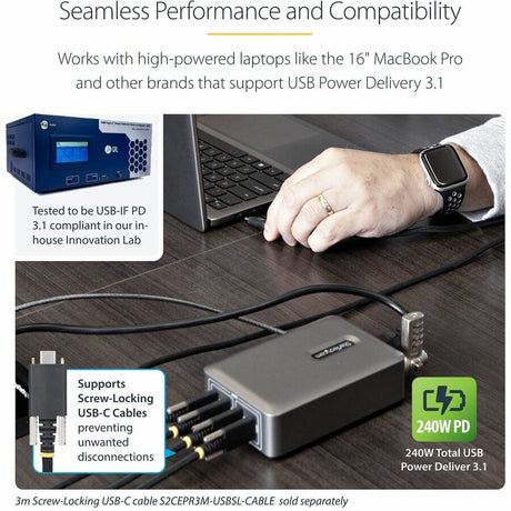 StarTech.com 4-Port Multi-Device USB-C Charger, 240W Total, Single Port 140W EPR, Screw Locking Ports, Ideal for Boardrooms — 424DNA-USB-C-CHARGER