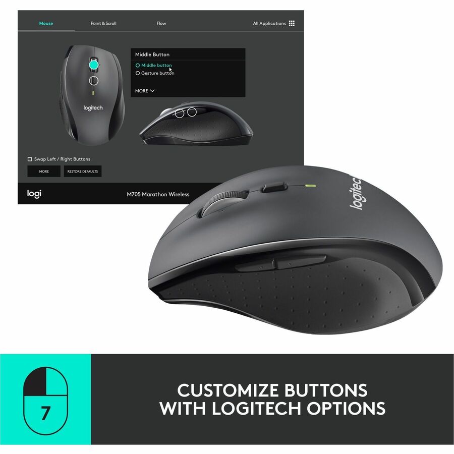 Logitech M705 Marathon Wireless Mouse, 2.4 GHz USB Unifying Receiver, 1000 DPI, 5-Programmable Buttons, Black — 910-001935