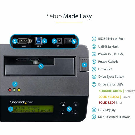 StarTech.com Hard Drive Eraser, Standalone HDD/SSD Sanitizer, 4Kn, Secure Erase Hard Disk Wiper Dock, Hardware Erasing Tool, TAA Compliant — SDOCK1EU3P2