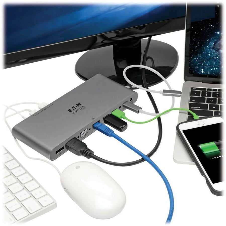 Eaton Tripp Lite Series USB-C Dock, Triple Display - 4K HDMI/DisplayPort, VGA, USB 3.x (5Gbps), USB-A/C Hub Ports, GbE, 100W PD Charging - Thunderbolt 3, Silver — U442-DOCK4-S