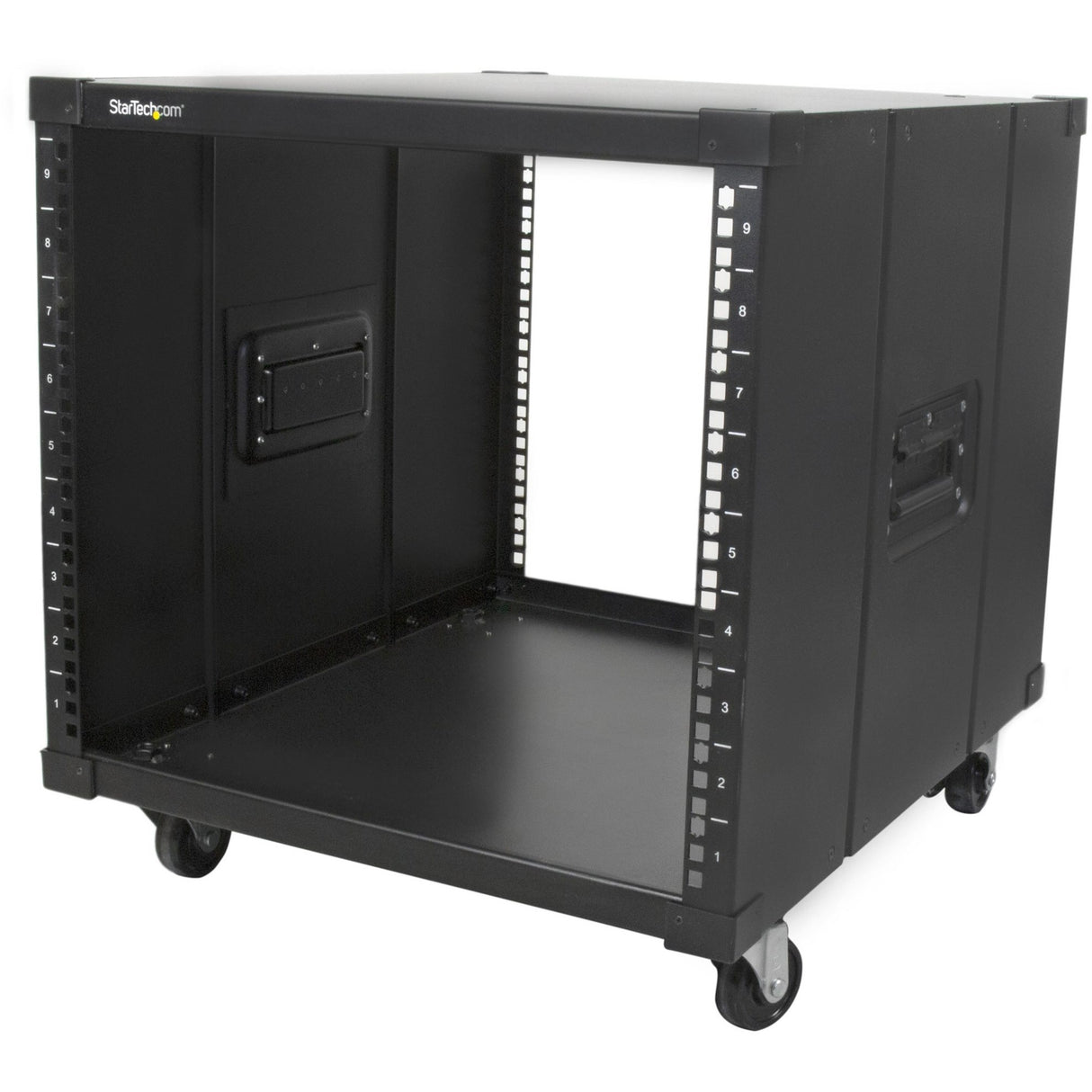 StarTech.com 4-Post 9U Mobile Open Frame Server Rack, 19" Network Rolling Rack for Narrow Spaces, Small Data Rack with Casters, TAA — RK960CP