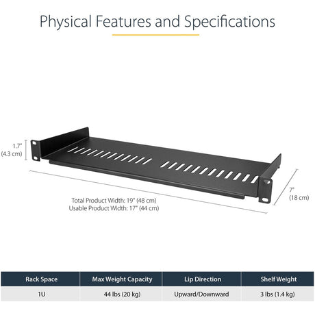 StarTech.com 1U Vented Server Rack Cabinet Shelf - Fixed 7in Deep Cantilever Rackmount Tray for 19" Data/AV/Network Enclosure w/Cage Nuts — CABSHELF1U7V