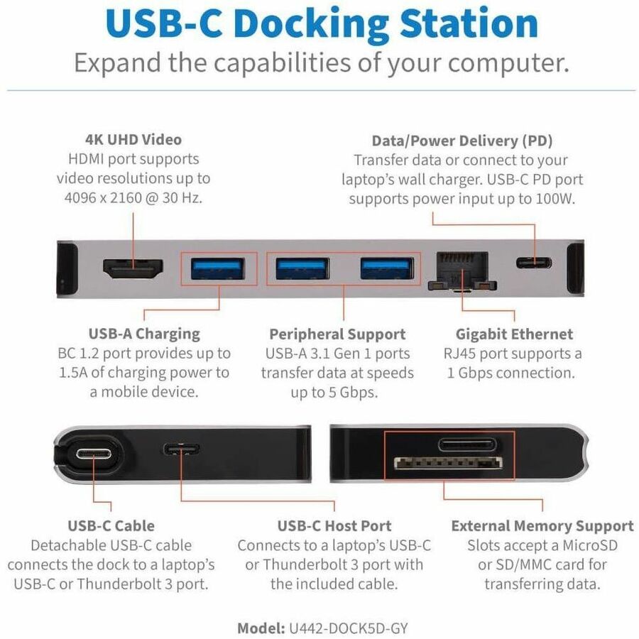 Eaton Tripp Lite Series USB-C Dock - 4K HDMI, USB 3.x (5Gbps), USB-A/C Hub Ports, GbE, Memory Card, 100W PD Charging, Detachable Cord — U442-DOCK5D-GY