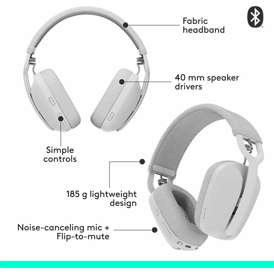 Logitech Zone Vibe 100 Wireless Over Ear Headphones, Noise Canceling Microphone, Advanced Multipoint Bluetooth Headset, Off-white — 981-001257