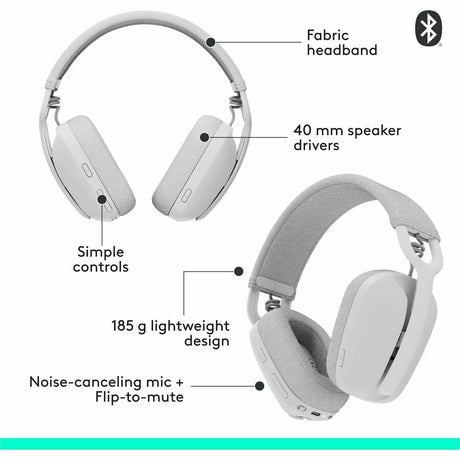 Logitech Zone Vibe 100 Wireless Over Ear Headphones, Noise Canceling Microphone, Advanced Multipoint Bluetooth Headset, Off-white — 981-001257