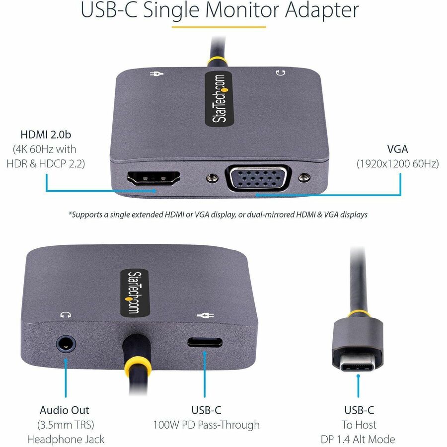 StarTech.com USB C Video Adapter, USB C to HDMI VGA Multiport Adapter, 3.5mm Audio, 4K 60Hz HDR, 100W PD 3.0 PT, USB C Display Adapter — 122-USBC-HDMI-4K-VGA