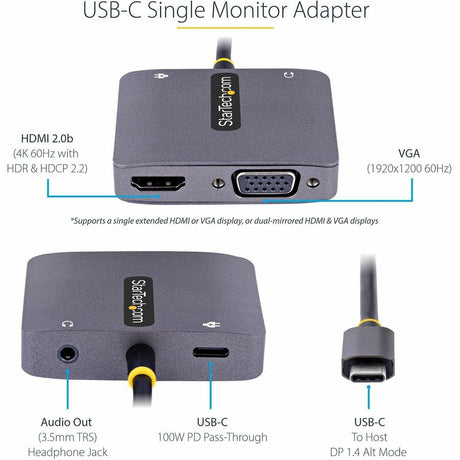 StarTech.com USB C Video Adapter, USB C to HDMI VGA Multiport Adapter, 3.5mm Audio, 4K 60Hz HDR, 100W PD 3.0 PT, USB C Display Adapter — 122-USBC-HDMI-4K-VGA