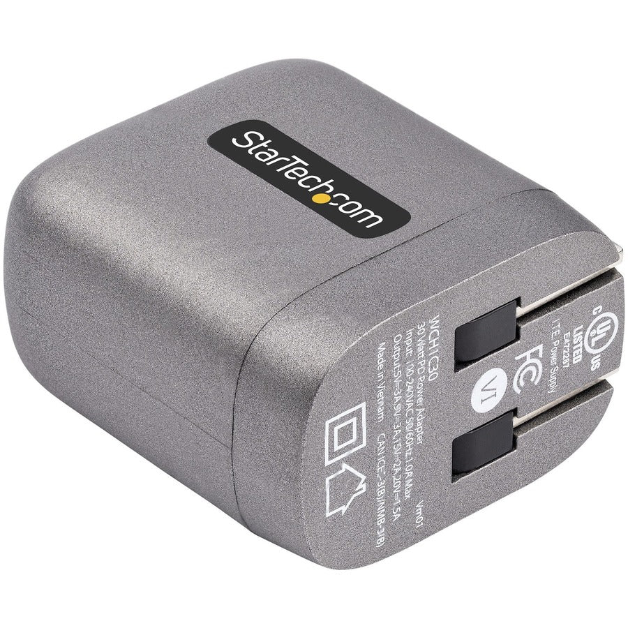 StarTech.com 30W USB-C Wall Charger, Portable GaN Charger w/ USB Power Delivery Fast Charging, USB-IF Certified, 6ft Cable, USB-C Charger — WCH1C30