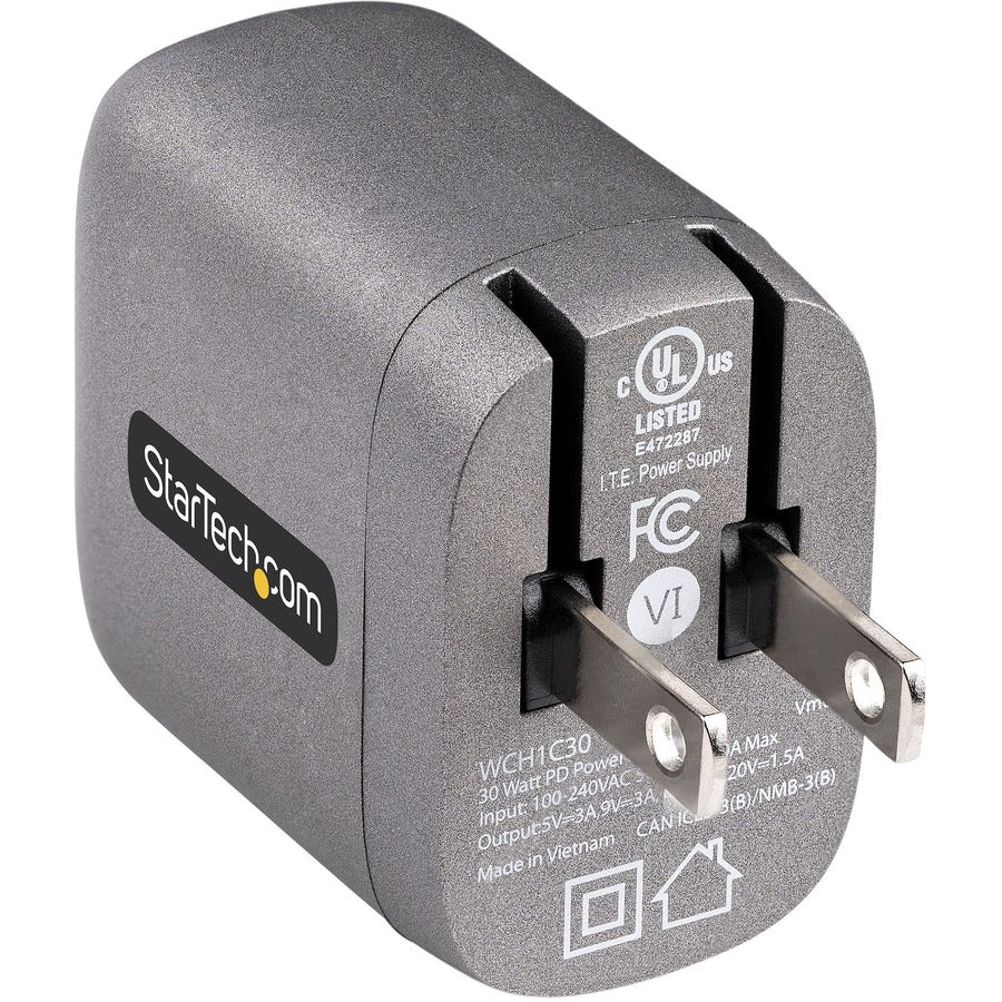 StarTech.com 30W USB-C Wall Charger, Portable GaN Charger w/ USB Power Delivery Fast Charging, USB-IF Certified, 6ft Cable, USB-C Charger — WCH1C30