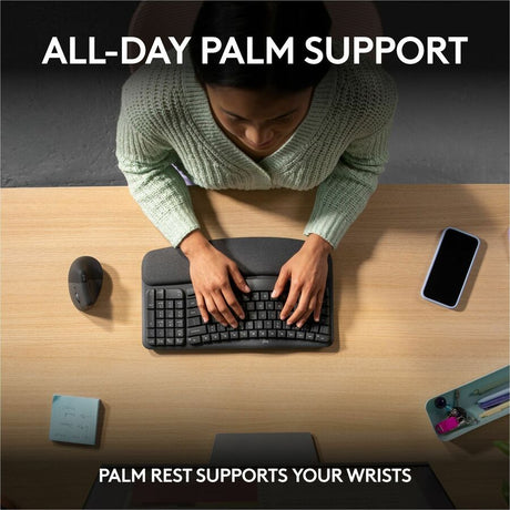Logitech Wave Keys Wireless Ergonomic Keyboard with Cushioned Palm Rest, Comfortable Natural Typing, Graphite — 920-011898