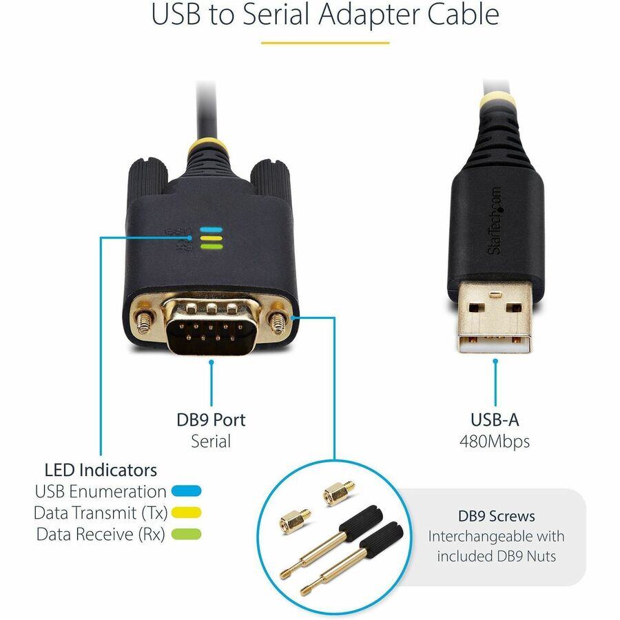 StarTech.com 10ft (3m) USB to Serial Adapter Cable, COM Retention, FTDI, DB9 RS232, Interchangeable DB9 Screws/Nuts, Windows/macOS/Linux — 1P10FFC-USB-SERIAL