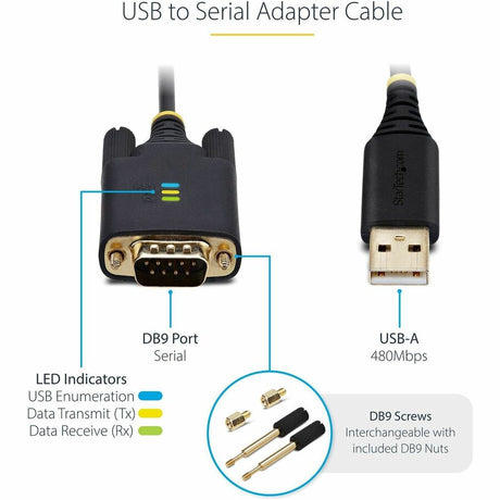 StarTech.com 10ft (3m) USB to Serial Adapter Cable, COM Retention, FTDI, DB9 RS232, Interchangeable DB9 Screws/Nuts, Windows/macOS/Linux — 1P10FFC-USB-SERIAL