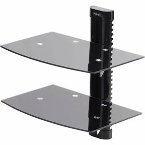 StarTech.com Dual Floating Wall-Mounted AV Shelves, Adjustable Height Shelf For Under TV A/V Equipment, Black Tempered Glass Shelves — 2B-WALL-MOUNT-SHELF