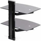 StarTech.com Dual Floating Wall-Mounted AV Shelves, Adjustable Height Shelf For Under TV A/V Equipment, Black Tempered Glass Shelves — 2B-WALL-MOUNT-SHELF