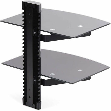 StarTech.com Dual Floating Wall-Mounted AV Shelves, Adjustable Height Shelf For Under TV A/V Equipment, Black Tempered Glass Shelves — 2B-WALL-MOUNT-SHELF