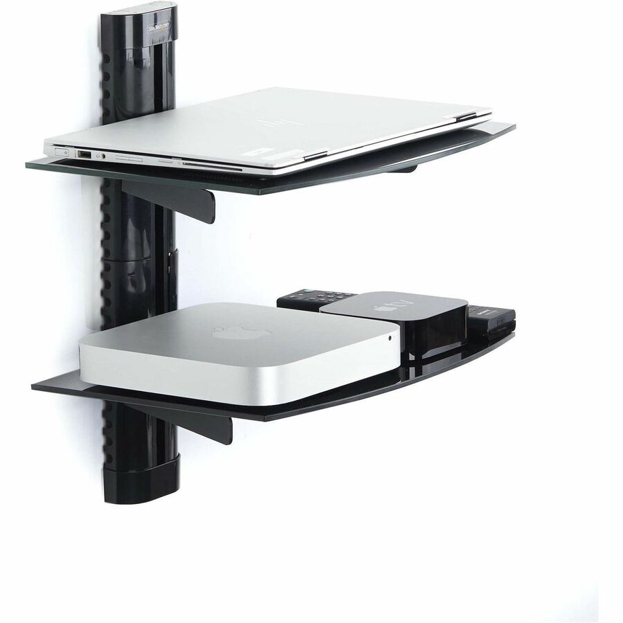 StarTech.com Dual Floating Wall-Mounted AV Shelves, Adjustable Height Shelf For Under TV A/V Equipment, Black Tempered Glass Shelves — 2B-WALL-MOUNT-SHELF