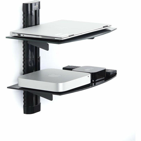 StarTech.com Dual Floating Wall-Mounted AV Shelves, Adjustable Height Shelf For Under TV A/V Equipment, Black Tempered Glass Shelves — 2B-WALL-MOUNT-SHELF