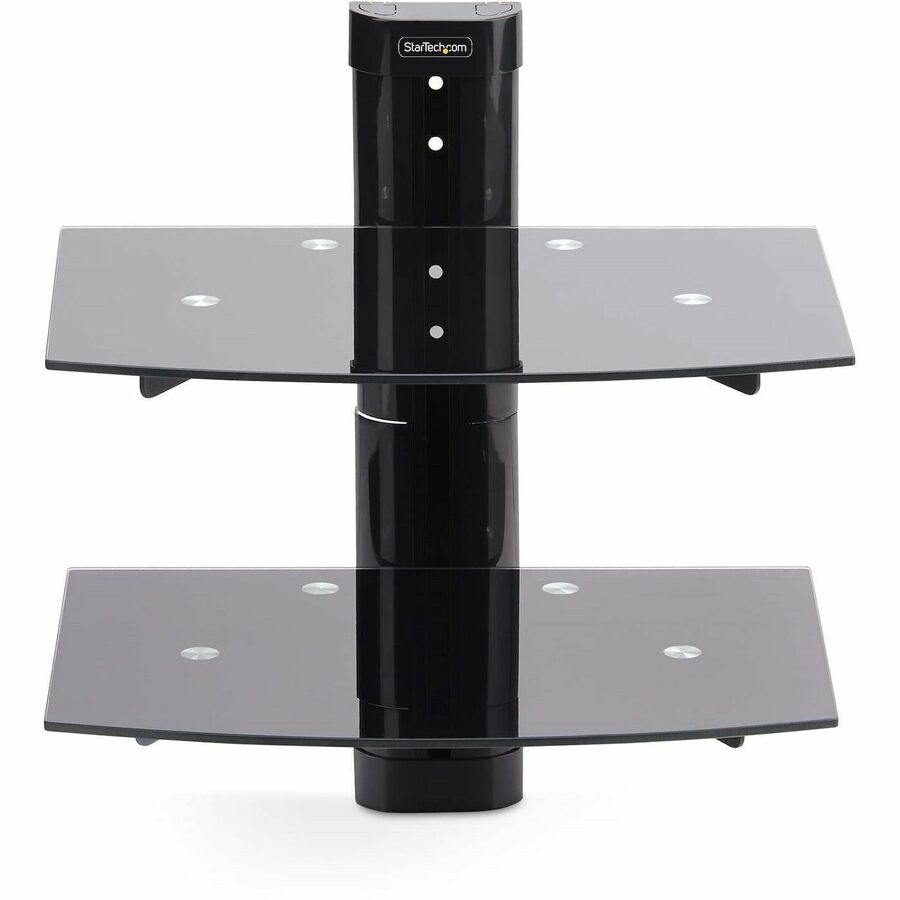 StarTech.com Dual Floating Wall-Mounted AV Shelves, Adjustable Height Shelf For Under TV A/V Equipment, Black Tempered Glass Shelves — 2B-WALL-MOUNT-SHELF