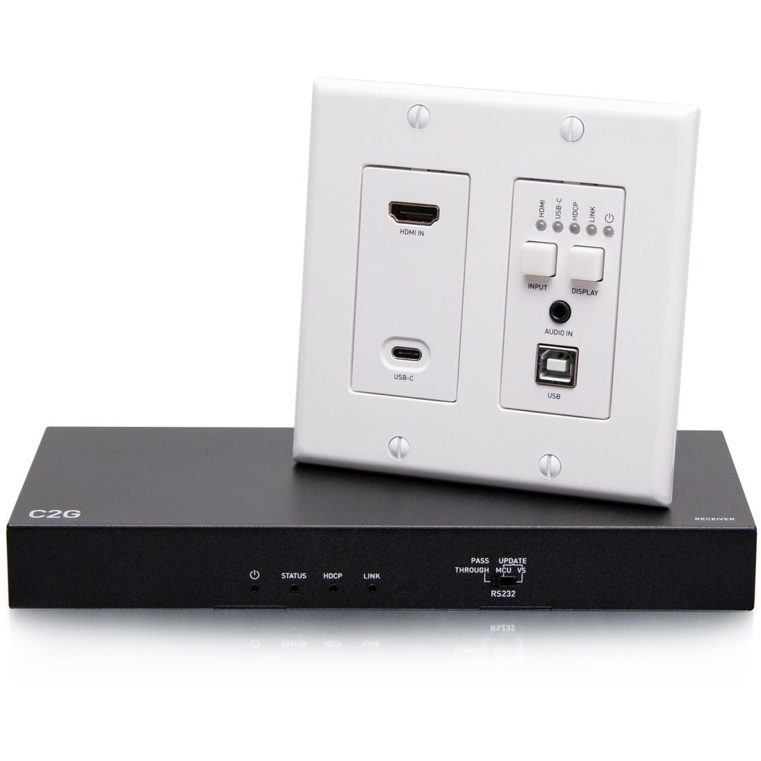 C2G HDBaseT HDMI Extender + USB C, Aux, and USB B to USB over Cat - Wall Plate Transmitter to Receiver Box - 4K 60Hz — C2G31011