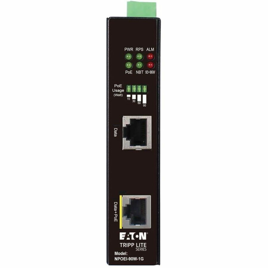 Eaton Tripp Lite Series Industrial Gigabit Ethernet PoE injector, 90W PoE++, 802.3bt, Midspan, -40? to +75?, IP30 housing, Dual 24-57VDC, DIN rail, 1 Port, TAA — NPOEI-90W-1G