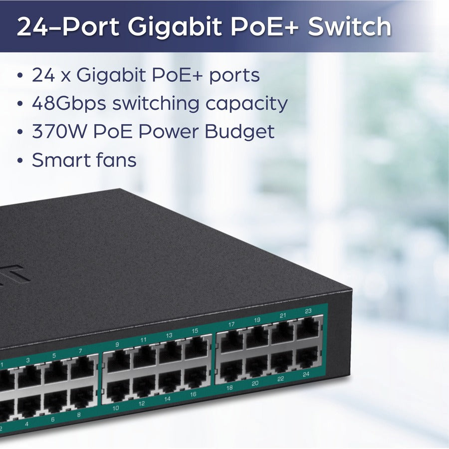 TRENDnet 24-Port Gigabit PoE+ Switch, 24 x Gigabit PoE+ Ports, 370W Power Budget, 48Gbps Switch Capacity, RackMount Kit Included, Ethernet Network Switch, Metal, Lifetime Protection, Black, TPE-TG240G — TPE-TG240g