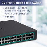 TRENDnet 24-Port Gigabit PoE+ Switch, 24 x Gigabit PoE+ Ports, 370W Power Budget, 48Gbps Switch Capacity, RackMount Kit Included, Ethernet Network Switch, Metal, Lifetime Protection, Black, TPE-TG240G — TPE-TG240g