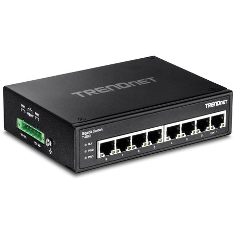 TRENDnet 8-Port Hardened Industrial Gigabit DIN-Rail Switch, TI-G80, 16 Gbps Switching Capacity, IP30 Rated, Ethernet Splitter, NDAA & TAA Compliant, Lifetime Protection, Black — TI-G80