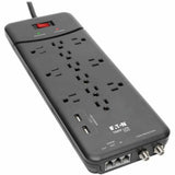 Eaton Tripp Lite Series Protect It! 12-Outlet Surge Protector, 8 ft. (2.43 m) Cord, 4320 Joules, Tel/Modem/Coax Protection, 2 USB Ports, Black — TLP128TTUSBB