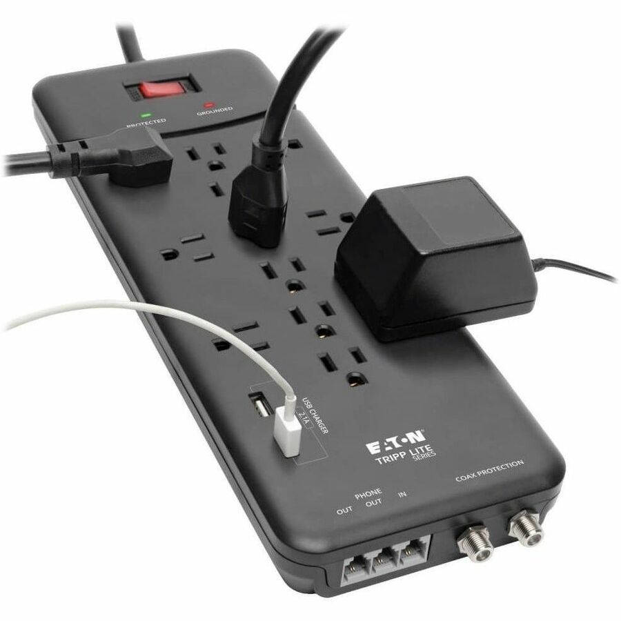 Eaton Tripp Lite Series Protect It! 12-Outlet Surge Protector, 8 ft. (2.43 m) Cord, 4320 Joules, Tel/Modem/Coax Protection, 2 USB Ports, Black — TLP128TTUSBB