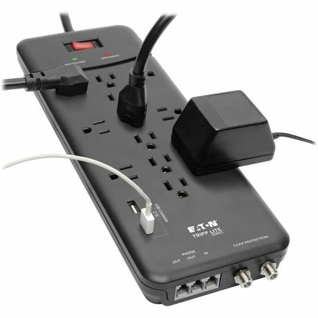 Eaton Tripp Lite Series Protect It! 12-Outlet Surge Protector, 8 ft. (2.43 m) Cord, 4320 Joules, Tel/Modem/Coax Protection, 2 USB Ports, Black — TLP128TTUSBB