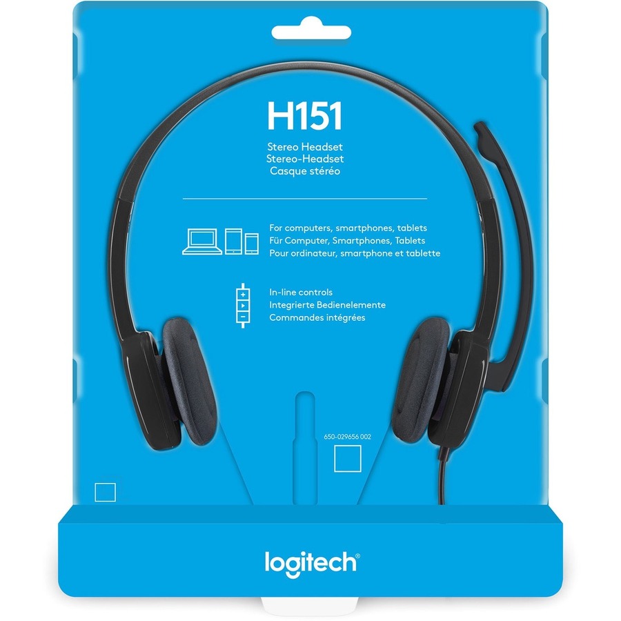 Logitech H151 Stereo Headset with Rotating Boom Mic (Black) - Stereo - 3.5MM AUDIO JACK CONNECTION - Wired - In-Line Control - 22 Ohm - 20 Hz - 20 kHz - Over-the-head - 5.9 ft Cable - Black — 981-000587