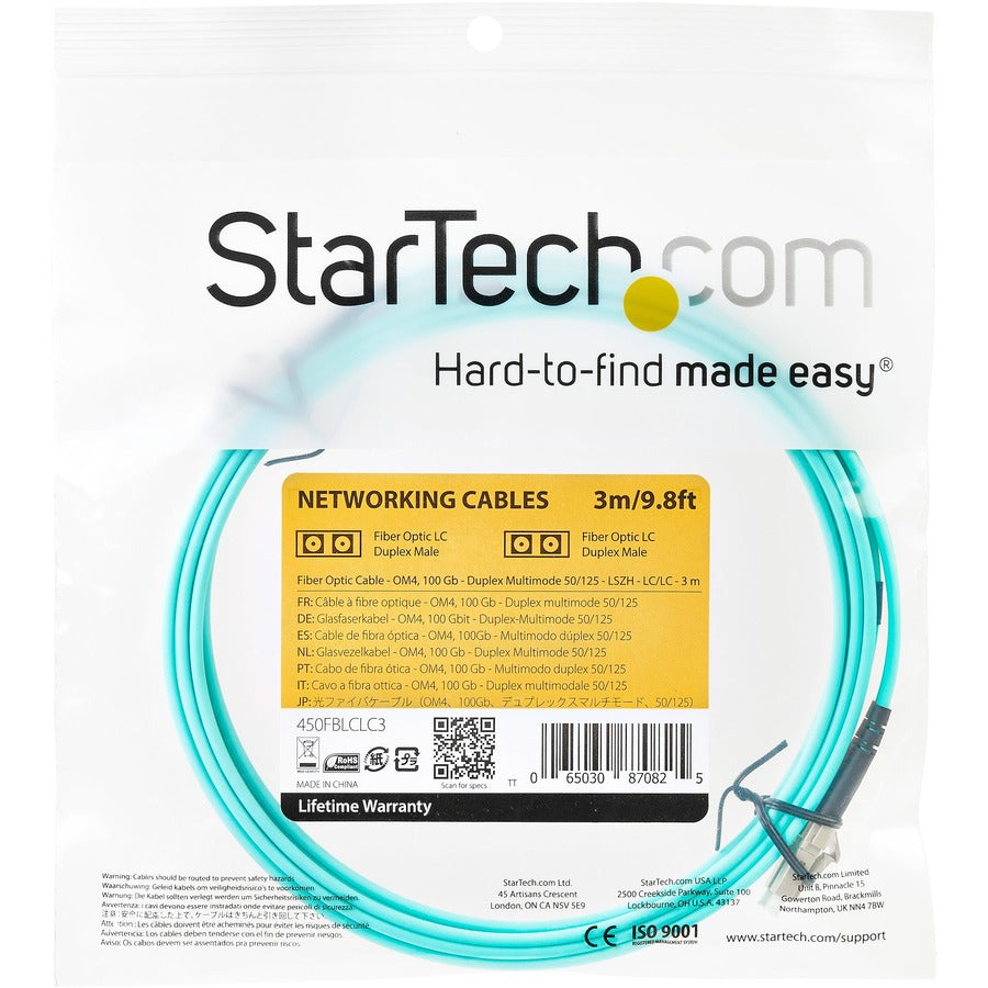 StarTech.com 3m (10ft) LC/UPC to LC/UPC OM4 Multimode Fiber Optic Cable, 50/125&micro;m, 100G, Low Insertion Loss, LSZH Fiber Jumper Cord — 450FBLCLC3