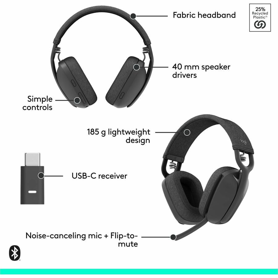 Logitech Zone Vibe Wireless Bluetooth&reg; headphones with USB receiver and noise-canceling mic — 981-001198