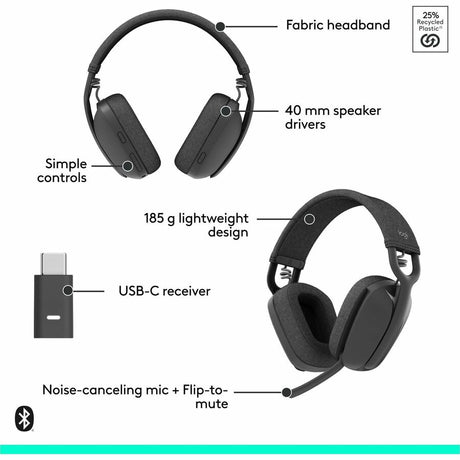 Logitech Zone Vibe Wireless Bluetooth&reg; headphones with USB receiver and noise-canceling mic — 981-001198