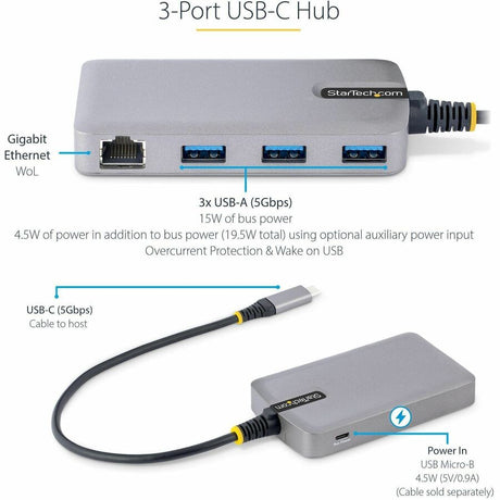 StarTech.com 3-Port USB-C Hub with Ethernet, 3x USB-A Ports, GbE, 5Gbps, Bus-Powered, 1ft/30cm Cable, Portable USB Type-C Expansion Hub — 5G3AGBB-USB-C-HUB
